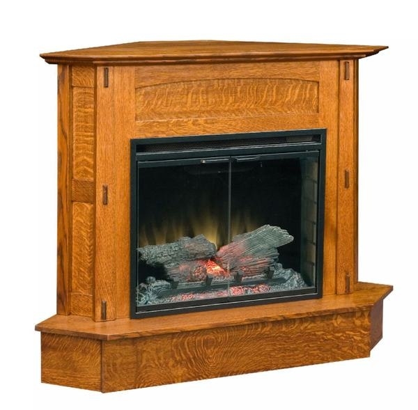 Corner Fireplace In Mission Style With Prominent Wood Grain