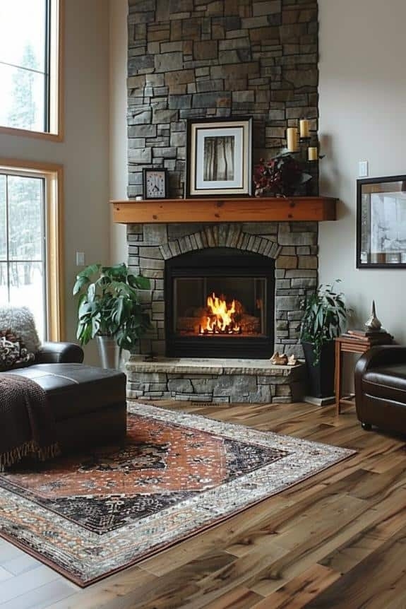 Corner Fireplace In Stacked Stone With Arched Opening Design