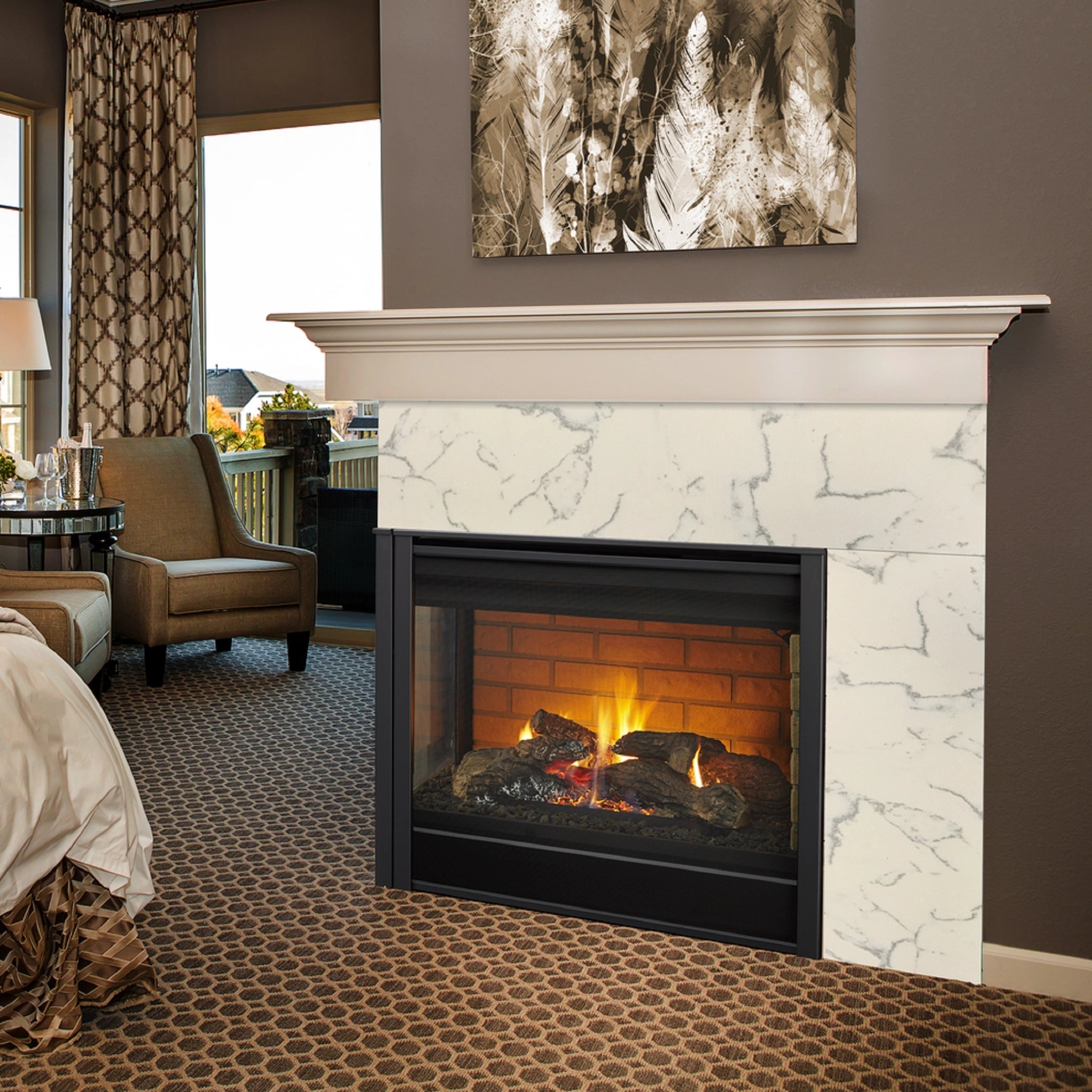 Corner Gas Fireplace With Marble Surround And Tiered Shelf