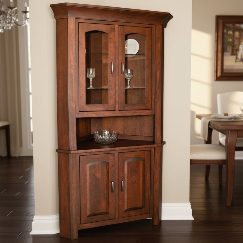 Corner Hutch Cherry Brown Traditional Corner China Cabinet