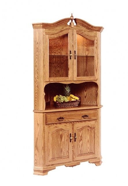 Corner Hutch: Glass Front Corner Buffet Arched Pediment