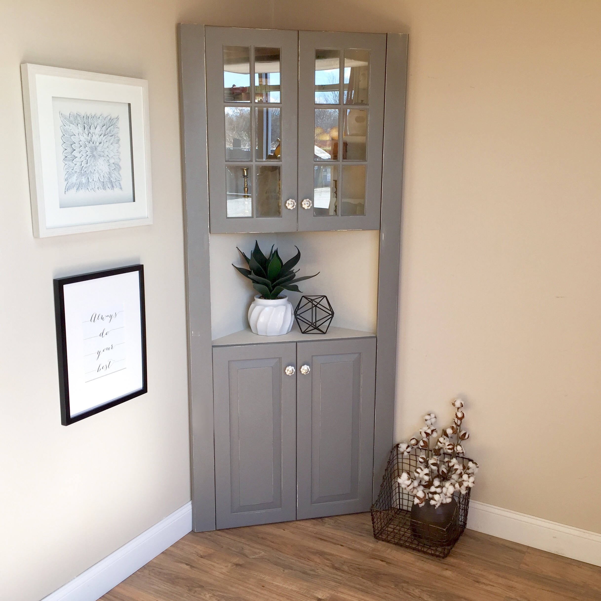 Corner Hutch in Slate Gray with Glass Mullion Doors