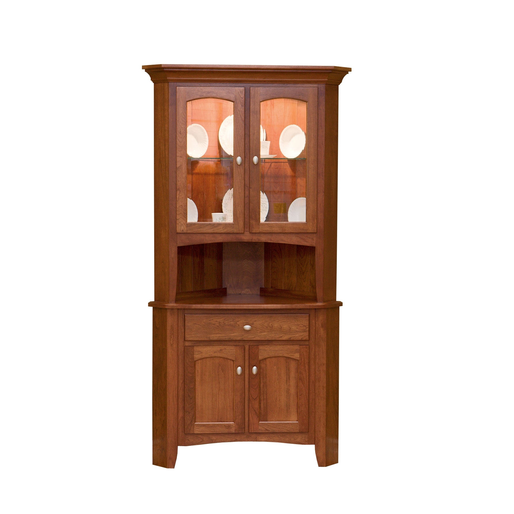 Corner Hutch: Lighted China Cabinet with Arched Glass Doors