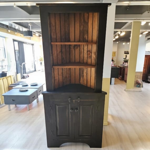Corner Hutch Matte Black Rustic Wood Beadboard Black Corner Hutch