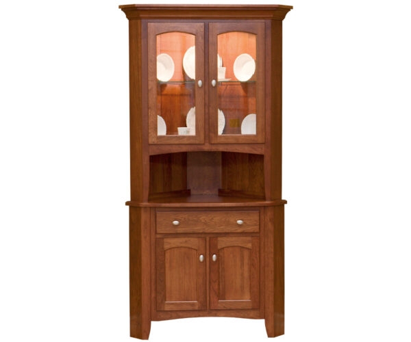 Corner Hutch Reddish Brown Integrated Lighting Display Hutch