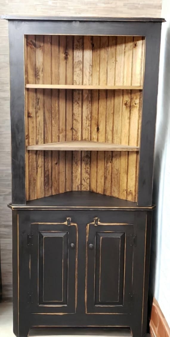 Corner Hutch: Rustic Black Corner Cabinet and Beadboard Back