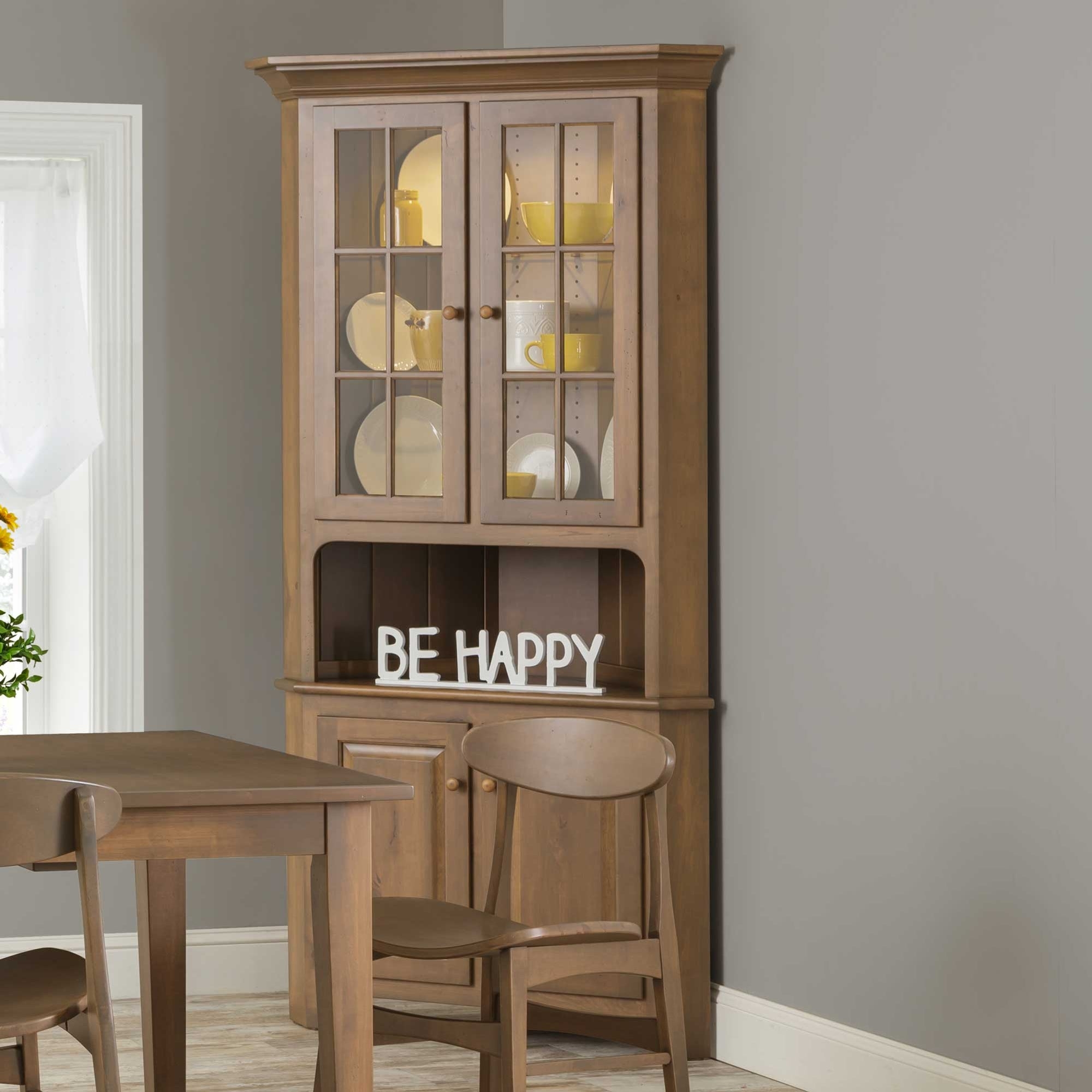 Corner Hutch: Shaker Wood and Lighted Glass China Cabinet