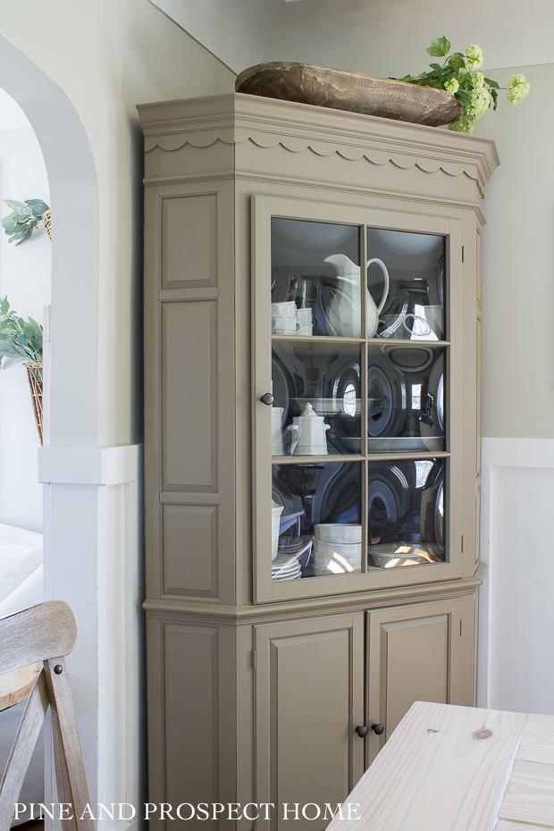 Corner Hutch: Taupe Finish Scalloped Cottage Cabinet Decor