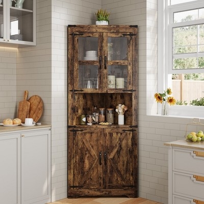 Corner Hutch: Walnut Wood X-Brace Door Cabinet & Glass Shelves