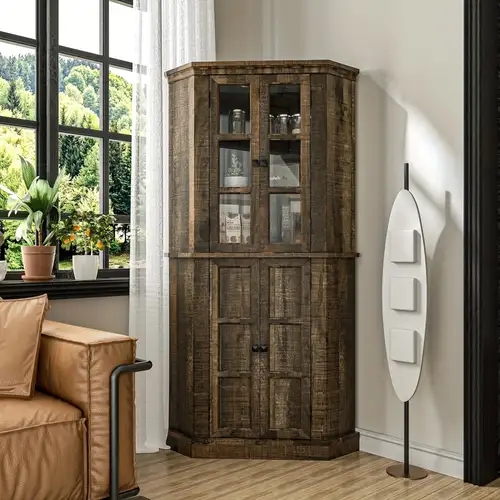 Corner Hutch: Weathered Brown Distressed Wood Corner Unit