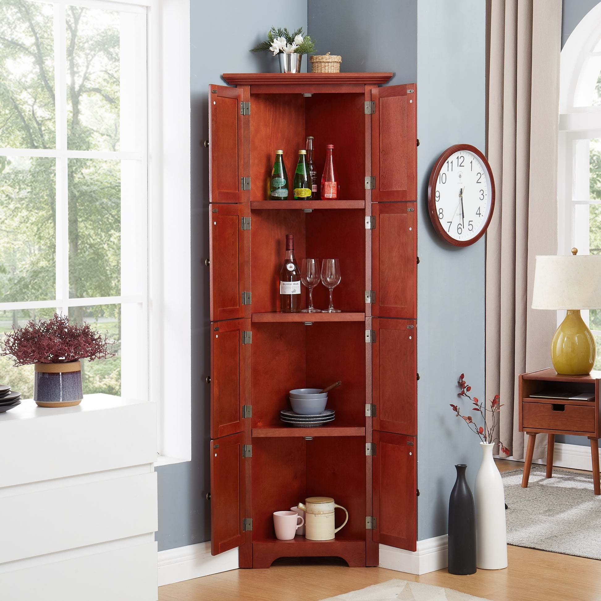 Corner Pantry Eight-Door Reddish Brown Space Saving Cupboard