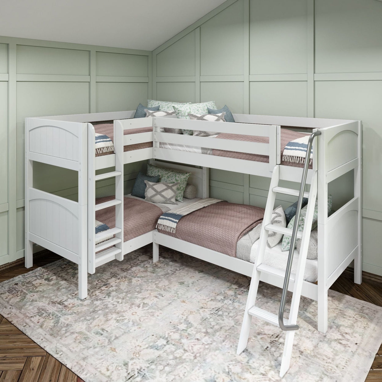 Corner Quad Bunk Bed: Metal Ladder Rail Matte White