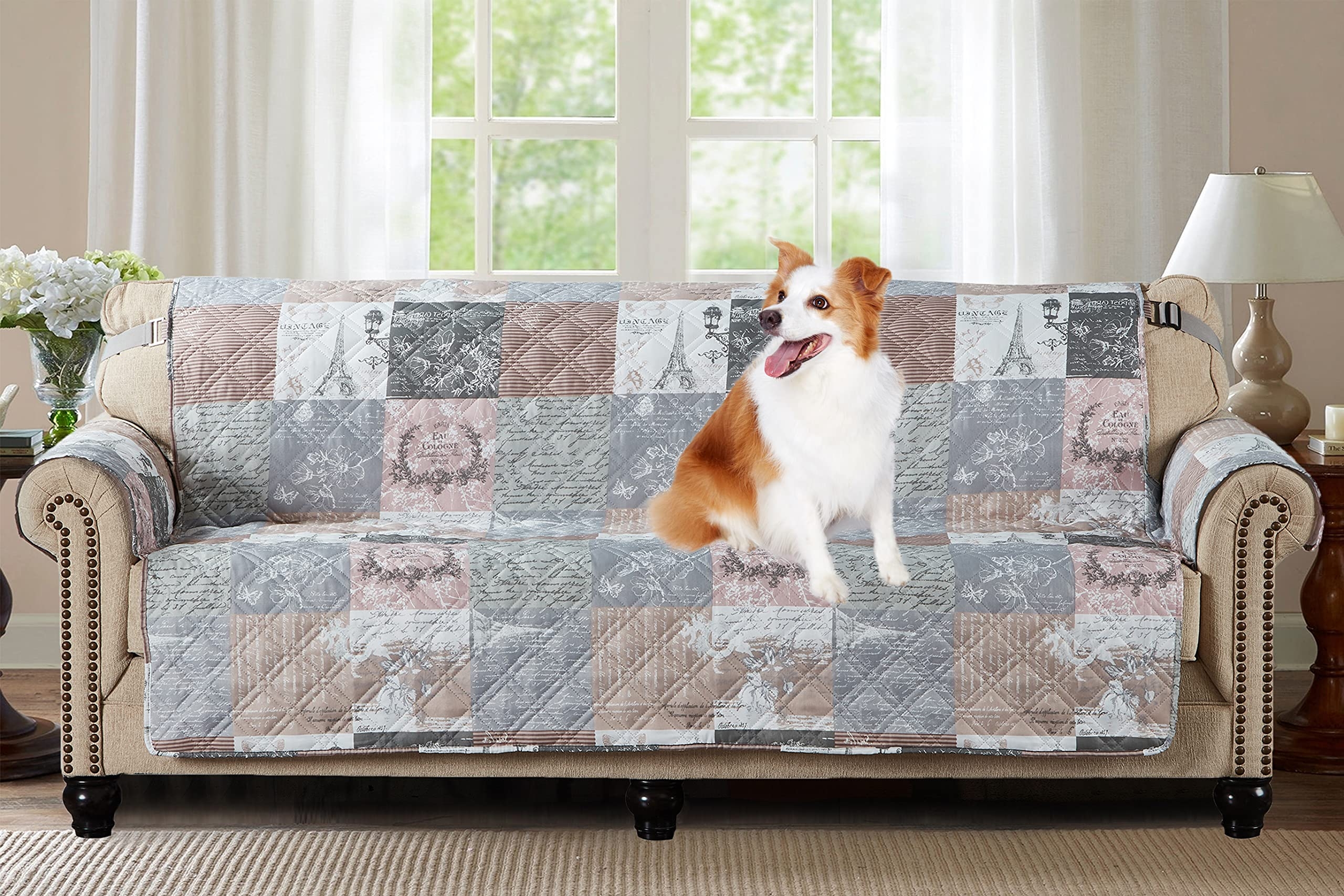 Couch Cover with Toile Patchwork and Diamond Quilted Texture