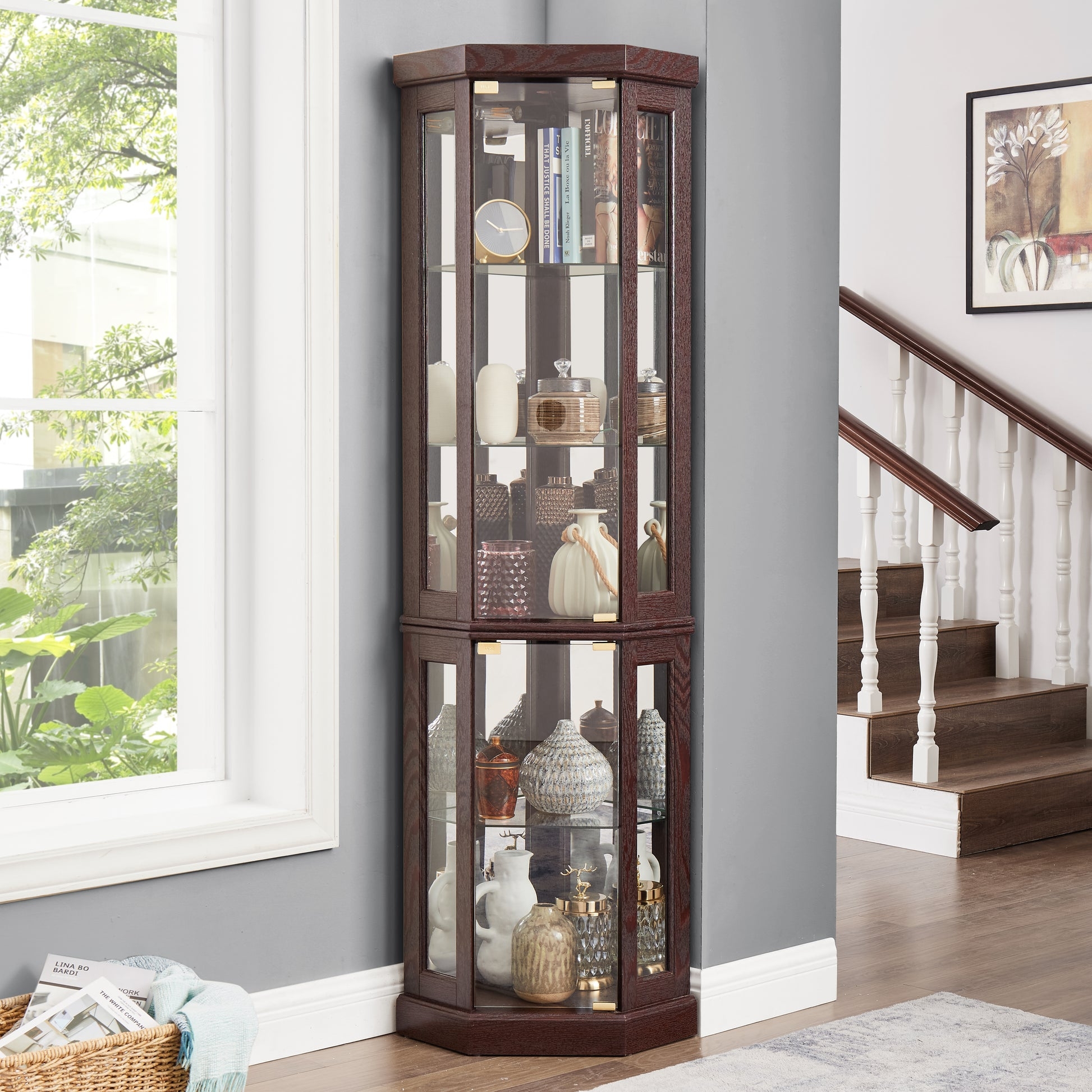 Curio Cabinet Mahogany Hexagonal Front Glass Display Case