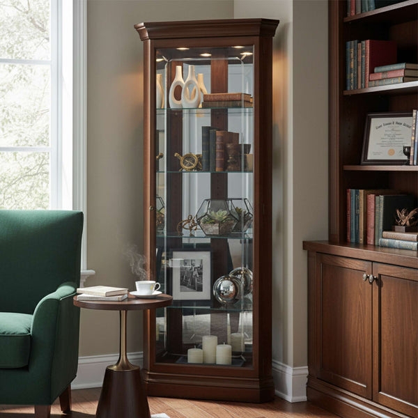 Curio Cabinet Walnut Brown Lit Glass Display Case Spotlights