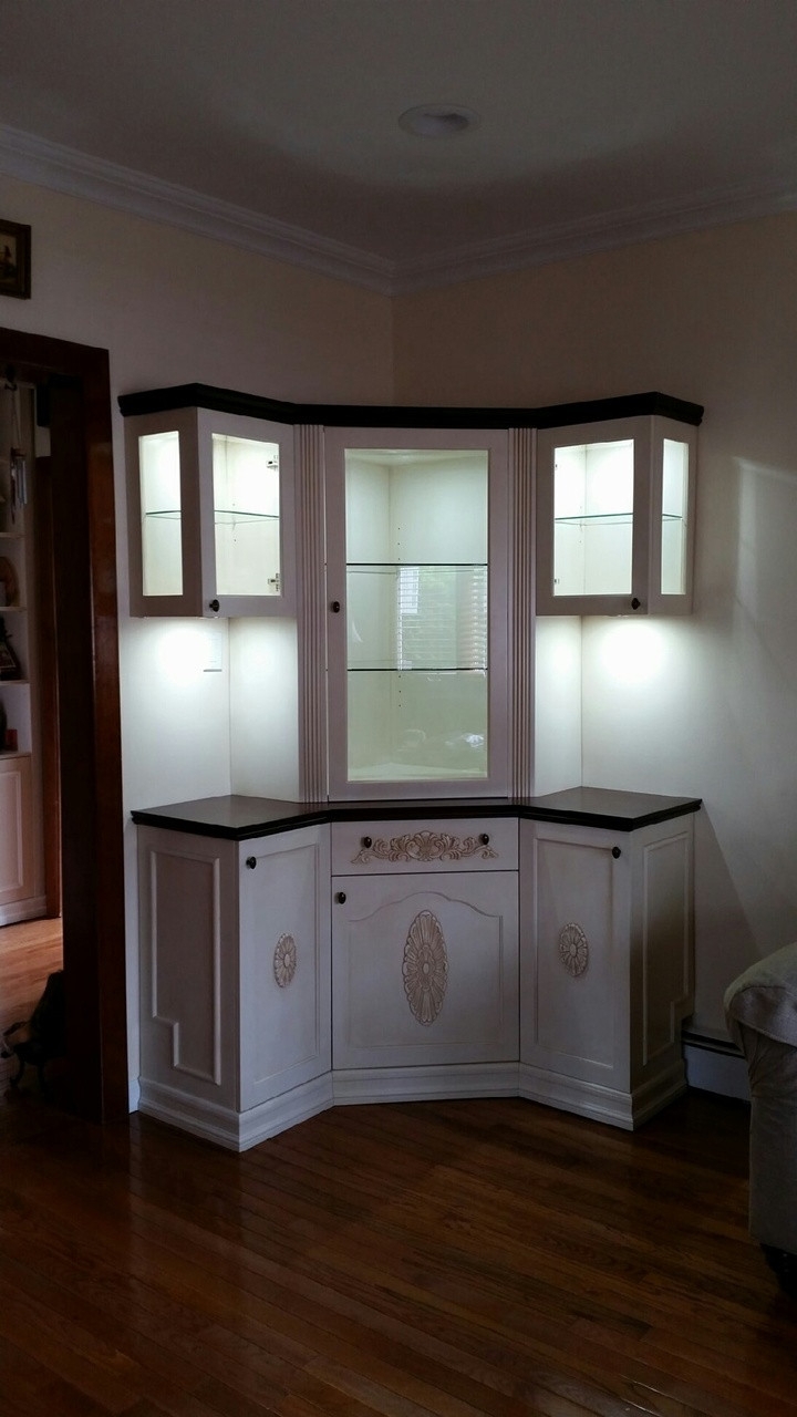 Curio Cabinet with Integrated Lighting and Ornate Medallion