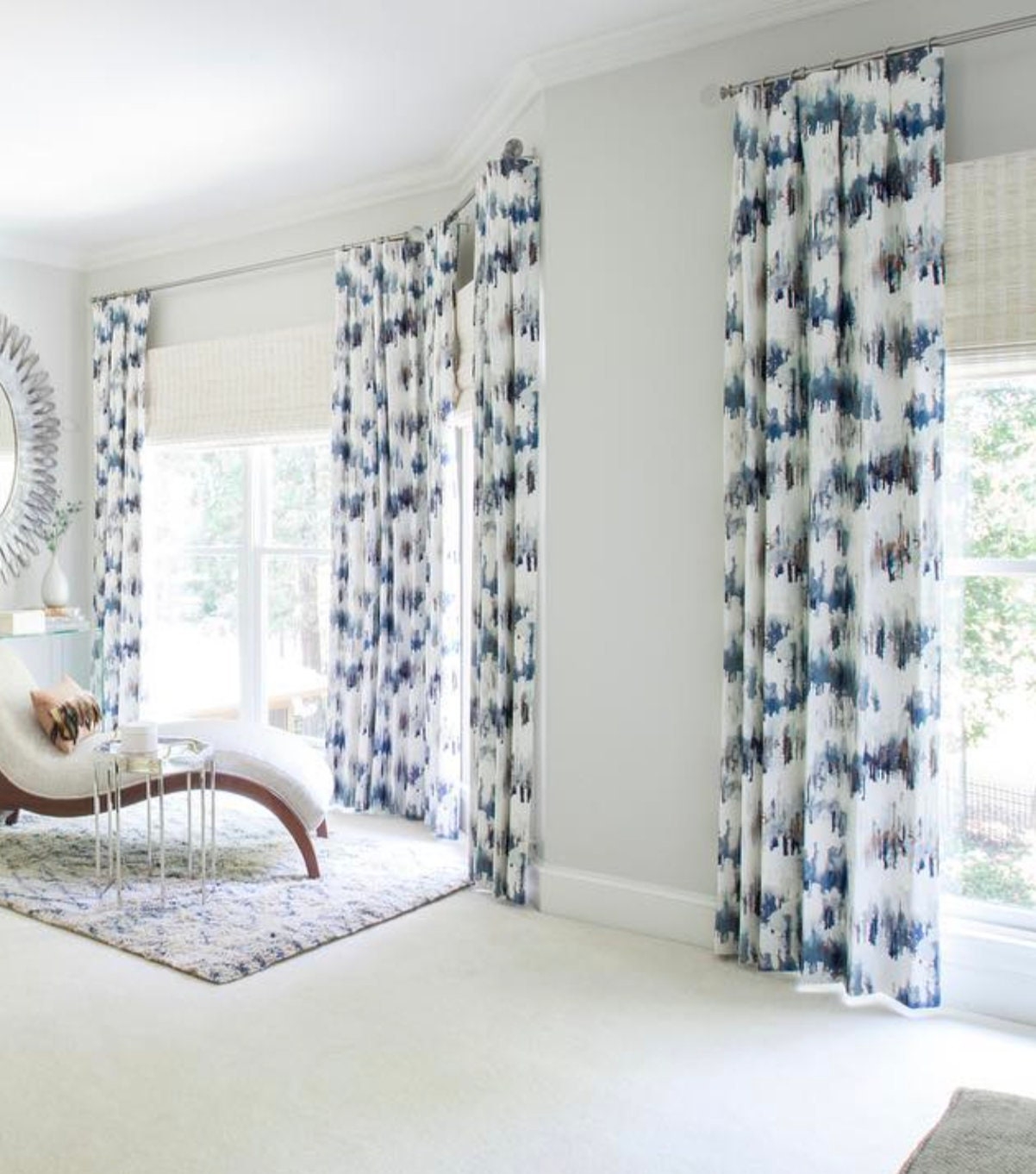Curtain Panels: Watercolor Prints for Bay Window Setup Ideas