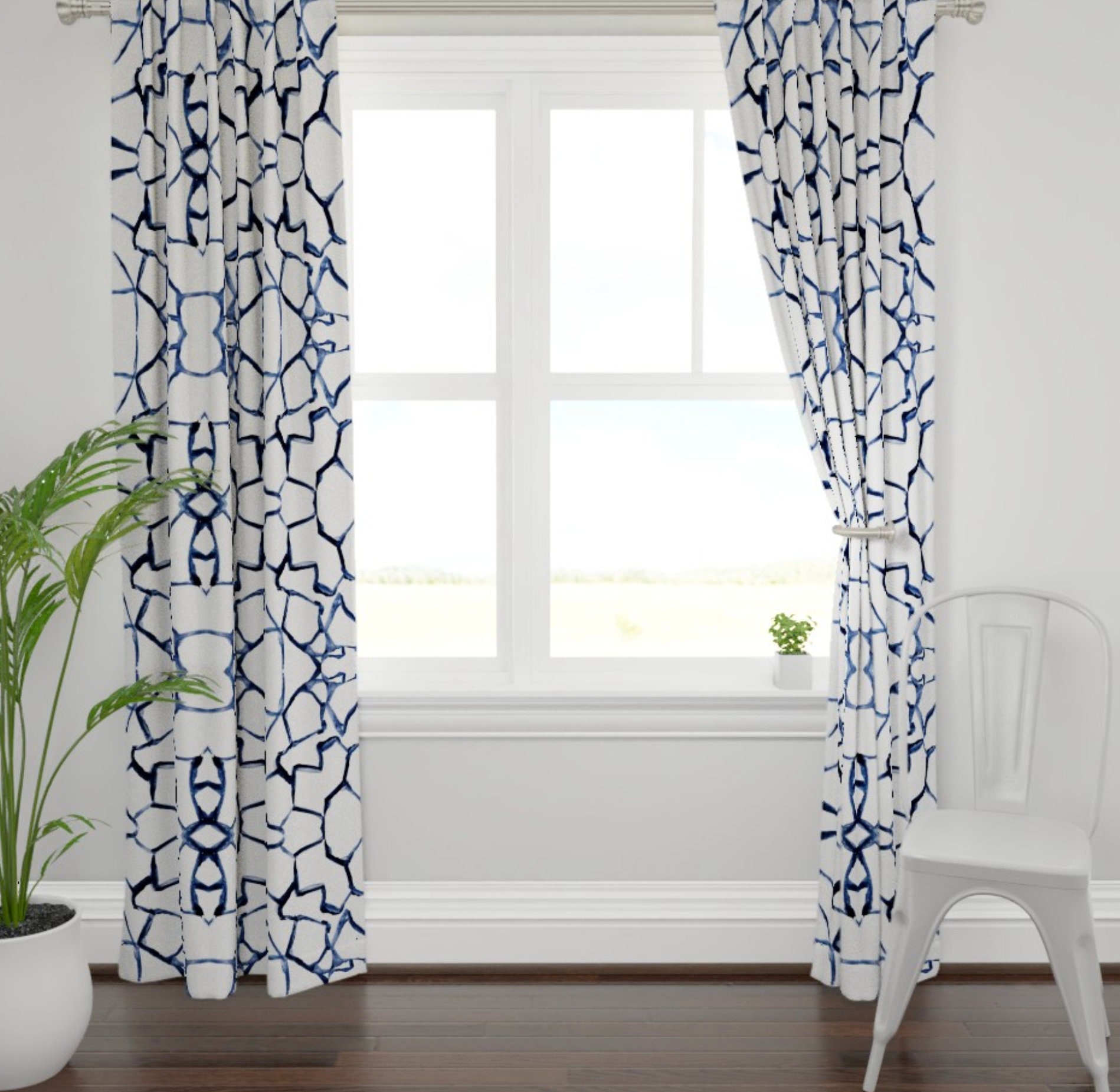 Curtains: Painterly Navy Lines with Organic Geometric Patterns