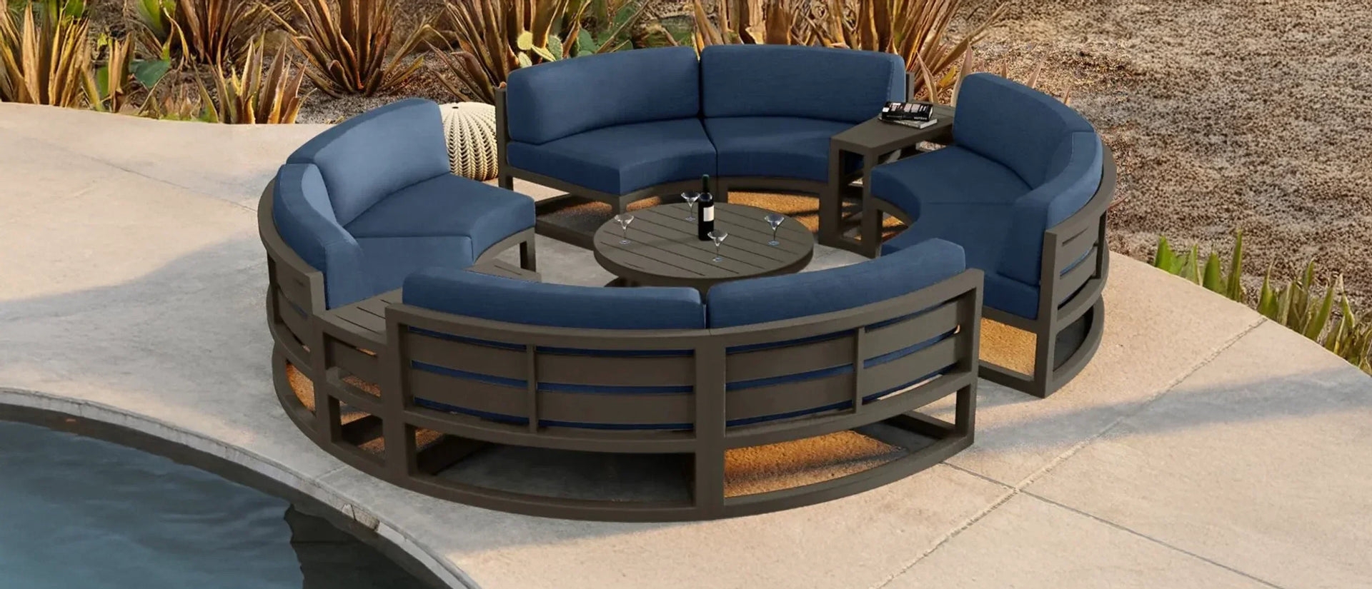 Curved Outdoor Sectional with Navy Blue Upholstery and Slats