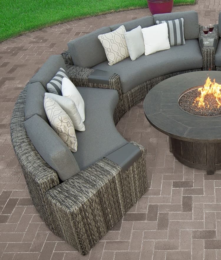 Curved Sectional Sofa in Smoke Grey Wicker with Arm Tables