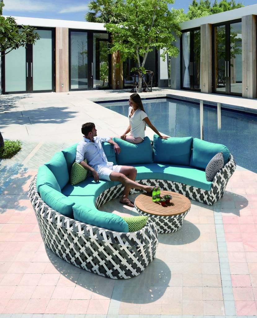 Curved Sofa Set with Lattice Weave Base and Teal Cushions