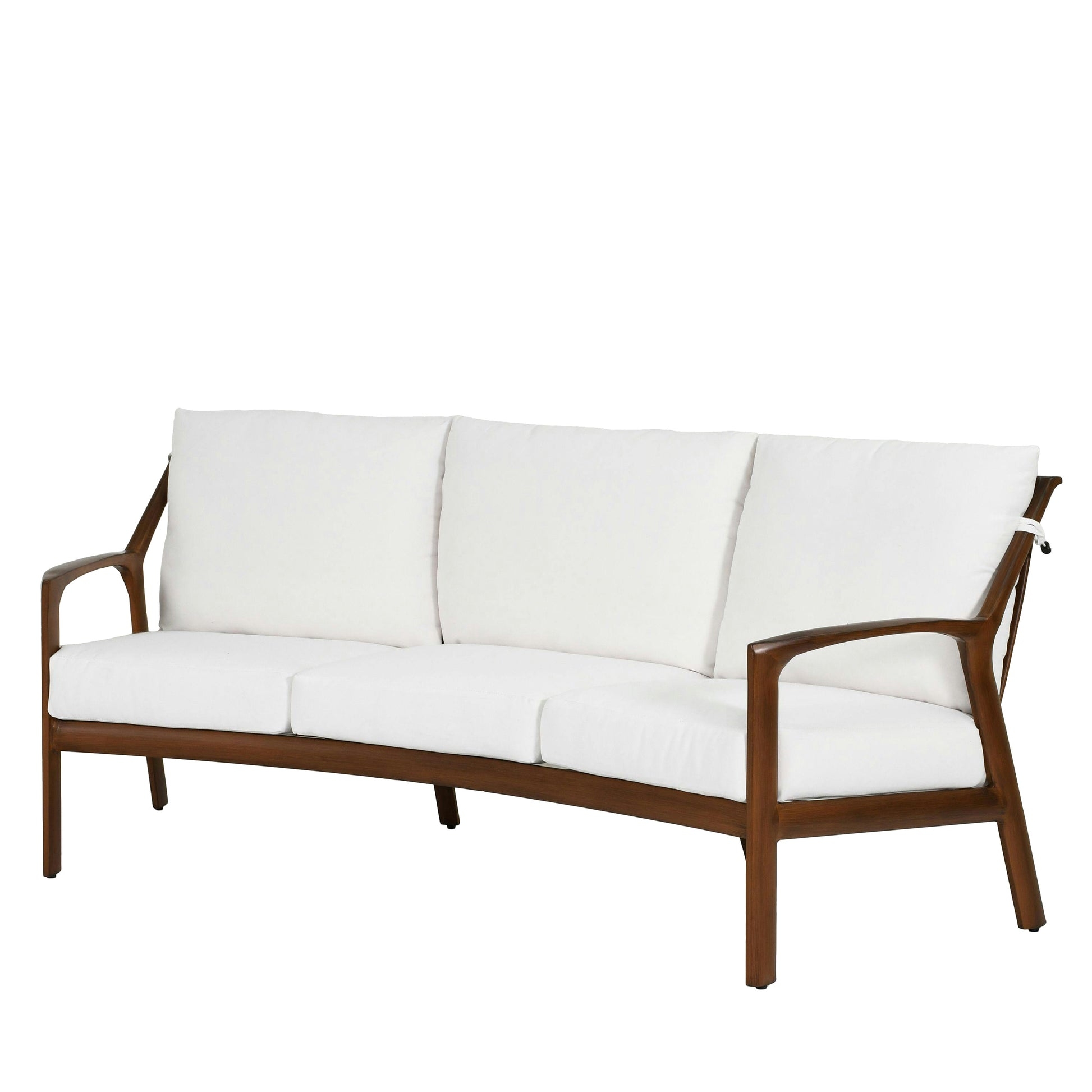 Curved Sofa with Walnut Wood Frame and Crisp White Cushions