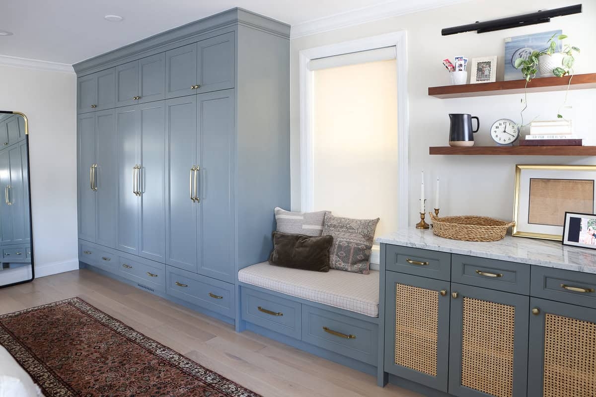 Custom Cabinetry: Dusty Blue Mudroom Cabinets Cane Doors