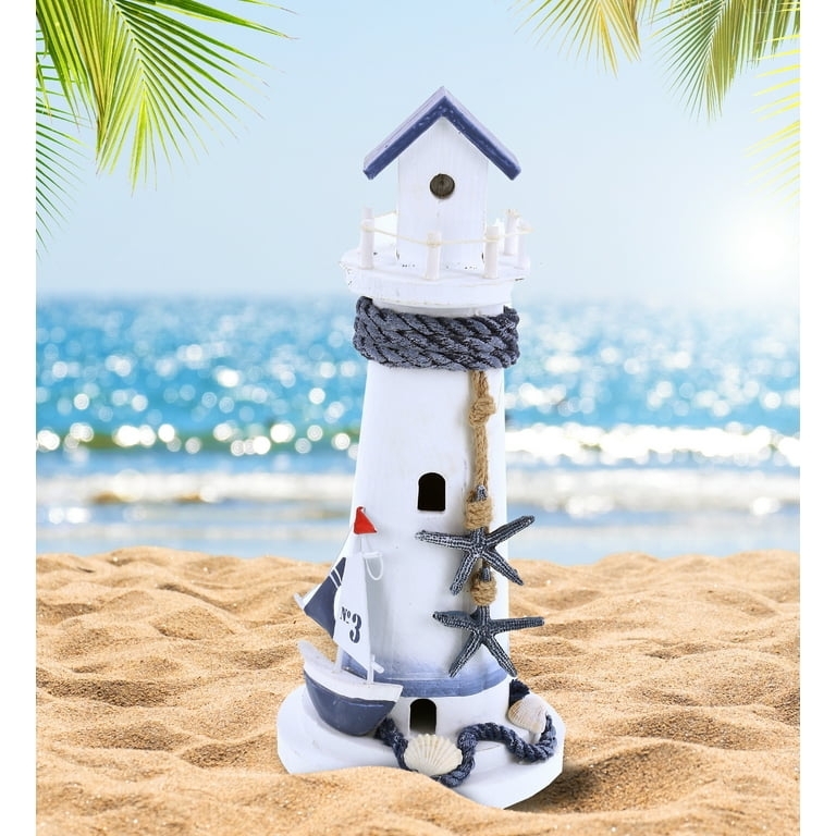 Decorative Lighthouse Featuring Miniature Sailboat Nautical Wooden Decor