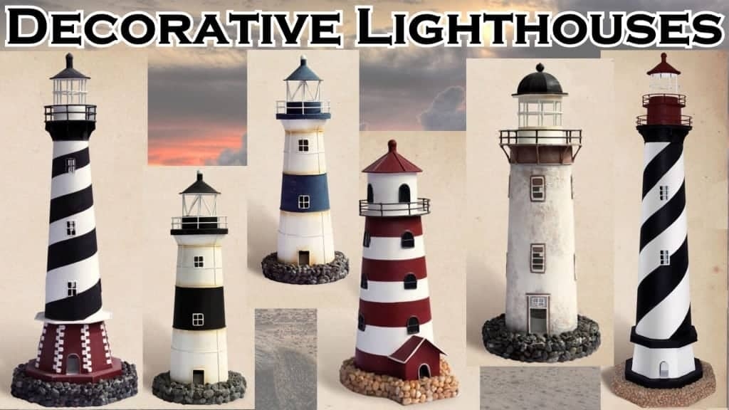 Decorative Lighthouse with Rocky Base and Spiral Striped Nautical Art