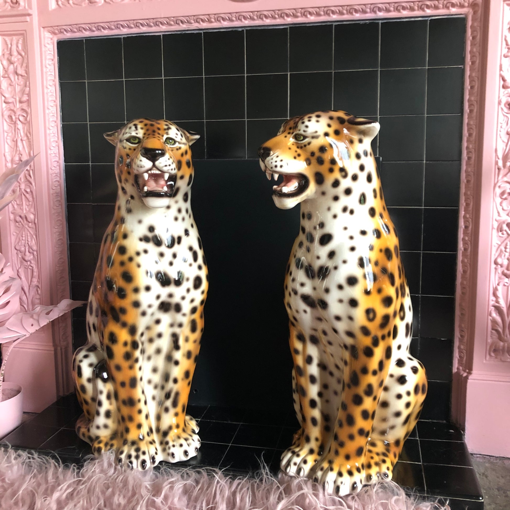 Decorative Statue: Open Mouth Tawny Glossy Leopard Sculpture