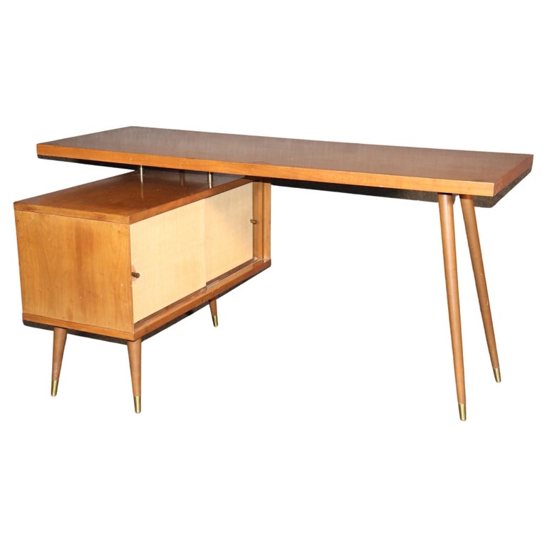 Desk Warm Brown Floating Top Mid-Century Asymmetric Desk