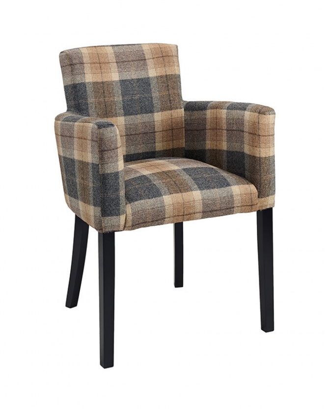 Dining Armchair in Charcoal Plaid with Integrated Arms