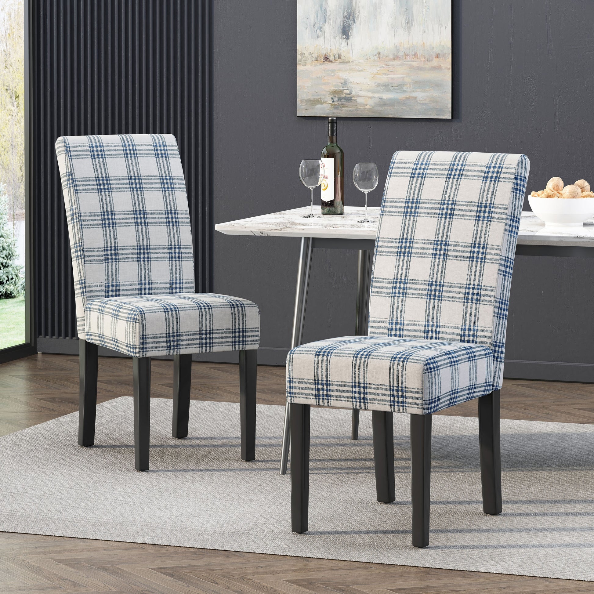 Dining Chair High Back Plaid with Dark Espresso Legs
