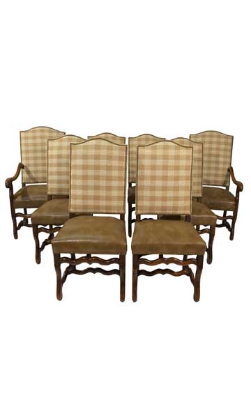 Dining Chairs with Scalloped Wood Stretchers and Plaid