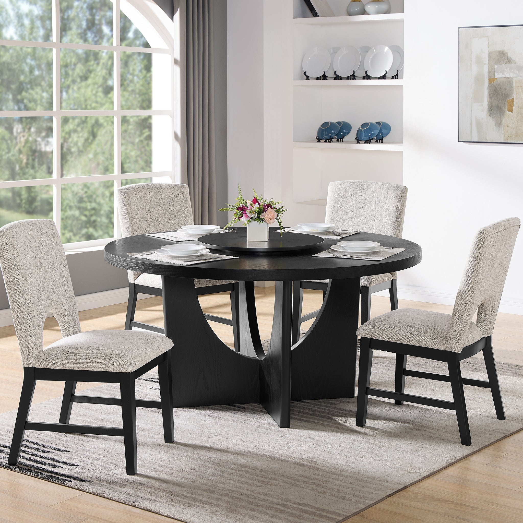 Dining Set with Keyhole Backrest and Black Round Dining Set