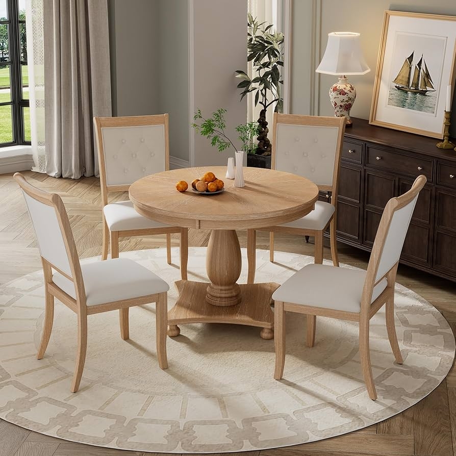 Dining Set with Natural Wash and Round Pedestal Dining Set