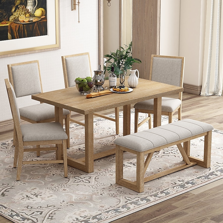 Dining Set with Trestle Base and Natural Wood Dining Set