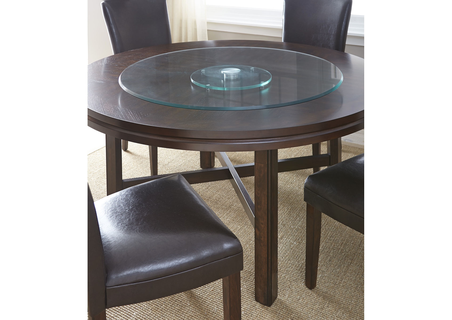 Dining Table Set Featuring Cross Brace Base and Glass Lazy Susan