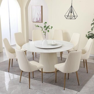 Dining Table Set with Fluted Pedestal Base and Round Stone Table