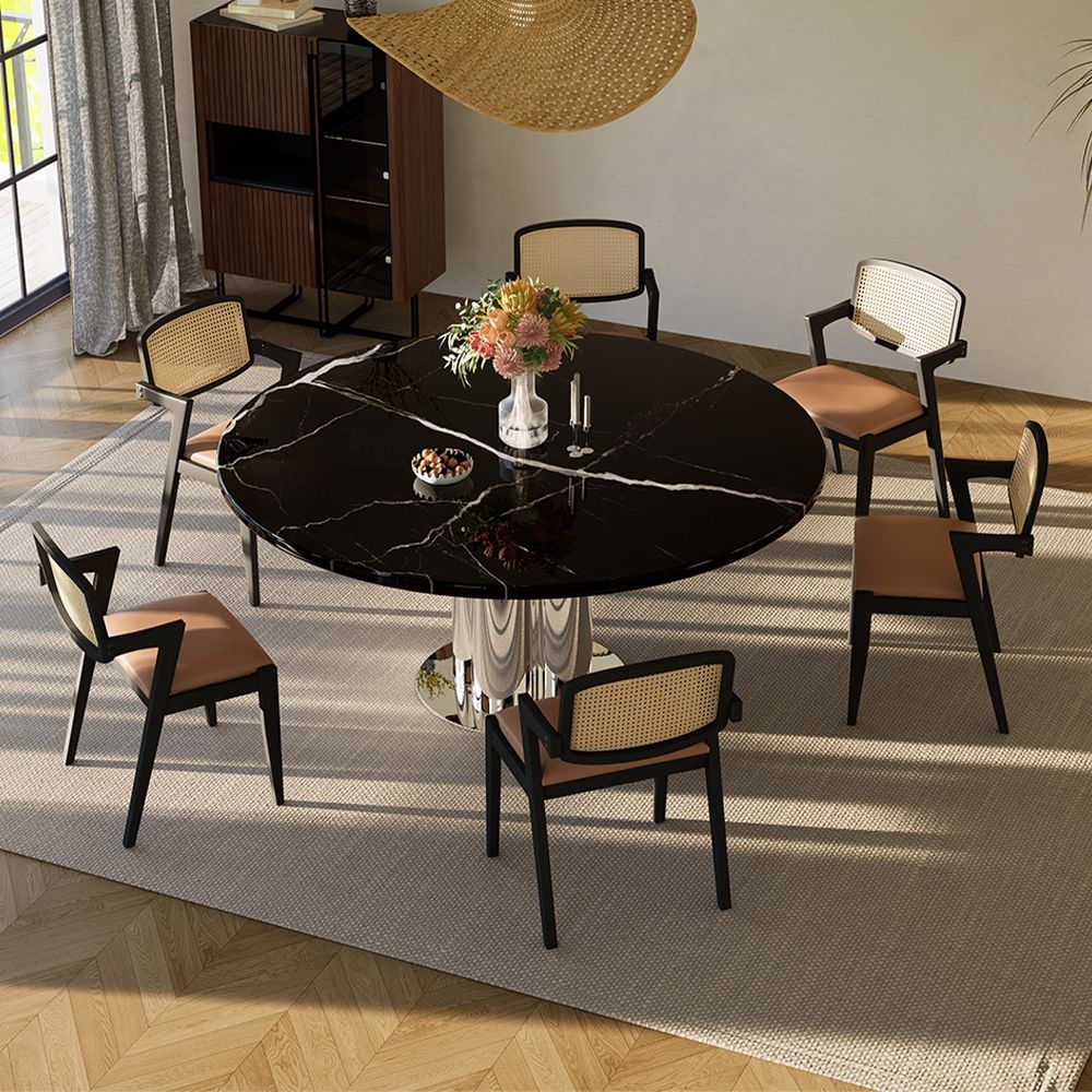 Dining Table with Black Marble Top and Cane Back Dining Set