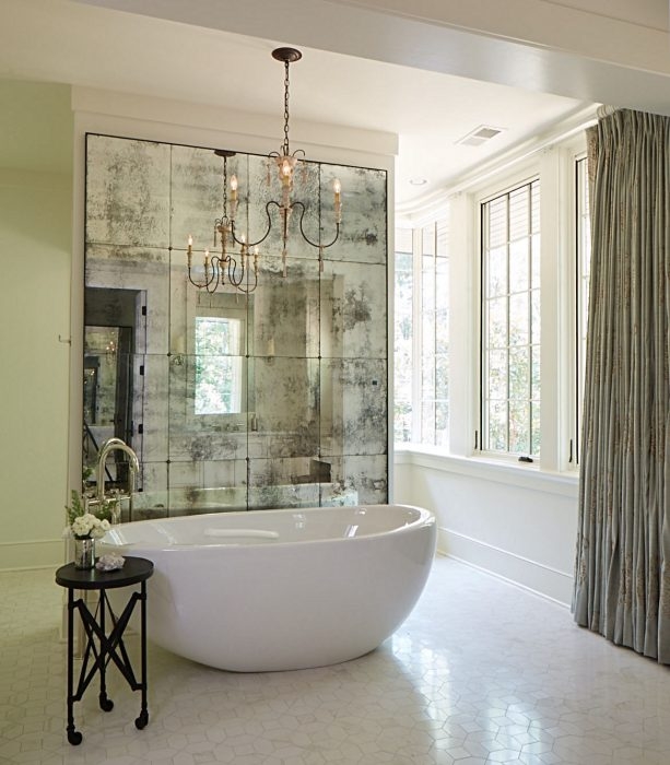 Distressed Mirror Wall with Paneled Antique Glass for Bathrooms