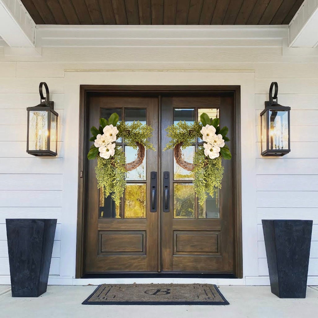 Door Wreath with Cascading Swag and Symmetrical Styling