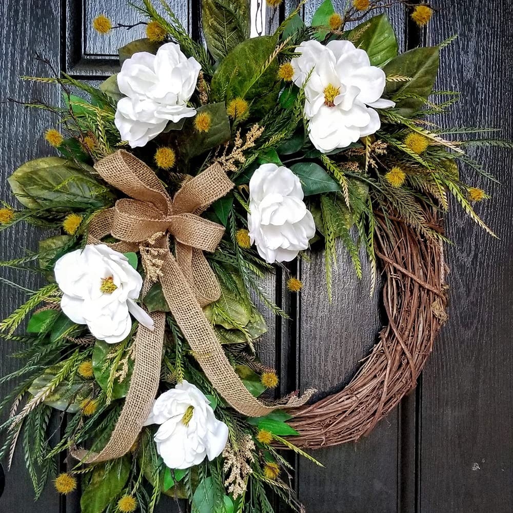 Door Wreath with Yellow Pom Poms and Farmhouse Burlap Bow