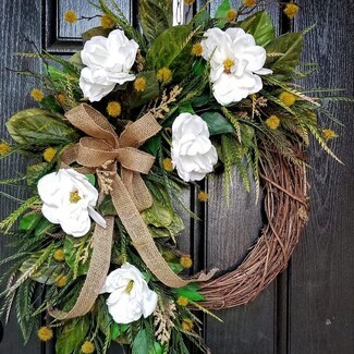 Door Wreath with Yellow Pom Poms and Farmhouse Burlap Bow