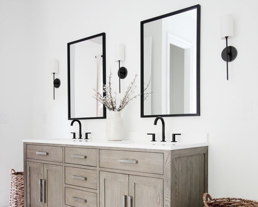 Double Bathroom Vanity: Matte Black Accents and Triple Sconce