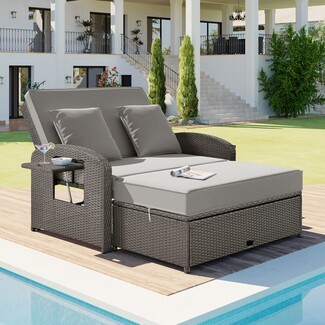 Double Chaise Lounge with Integrated Side Tray Gray Rattan Sunbed