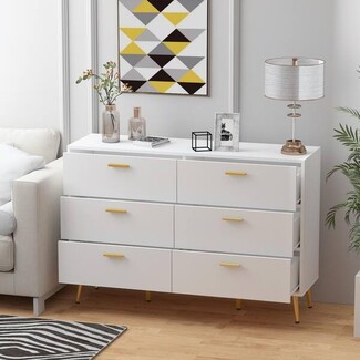 Double Dresser White Matte Gold Tapered Legs Six Drawers