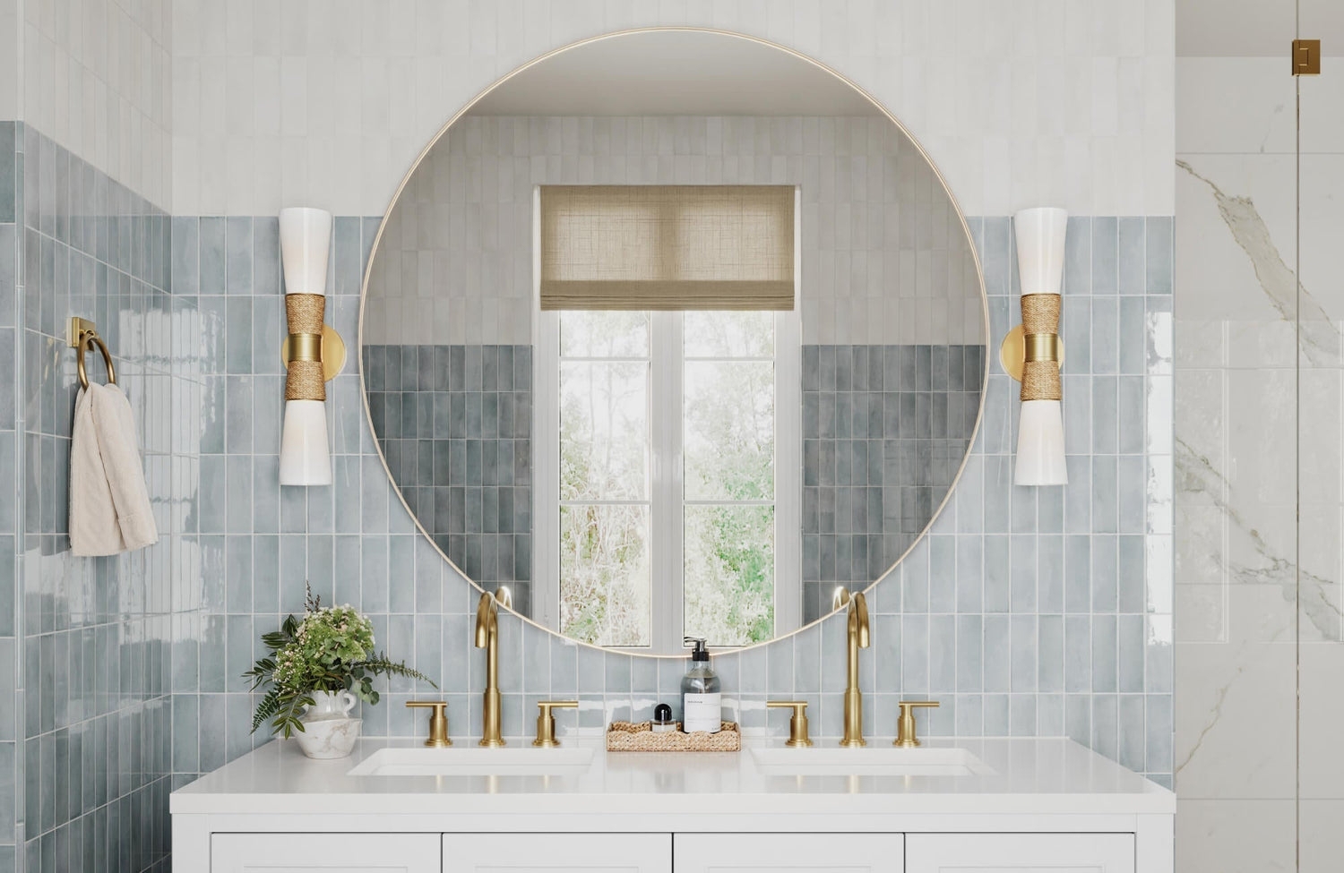 Double Vanity: Rope Wrapped Sconces and Round Metallic Mirror