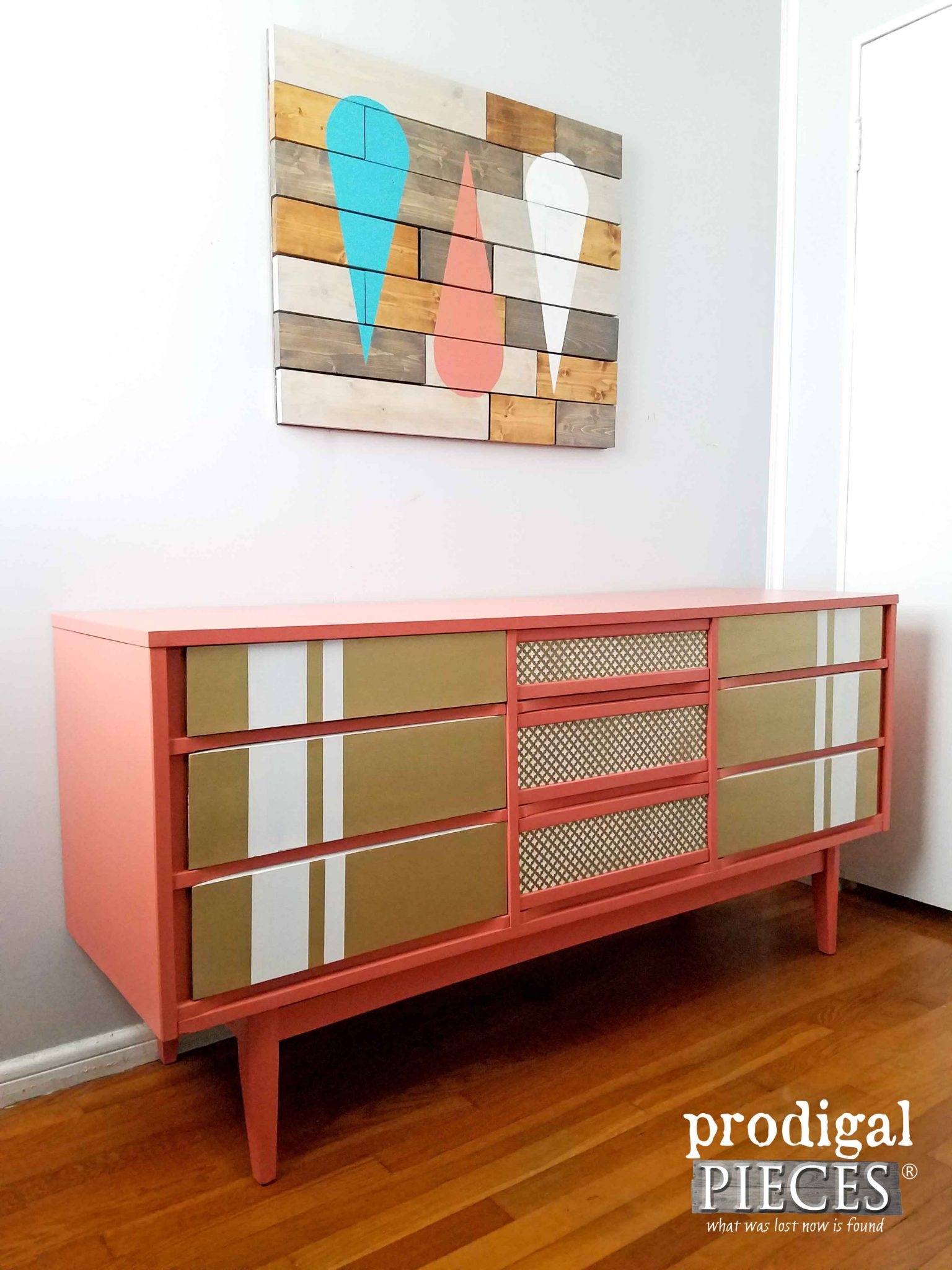 Dresser Coral Pink Geometric Pattern Retro Color Block Storage Chest