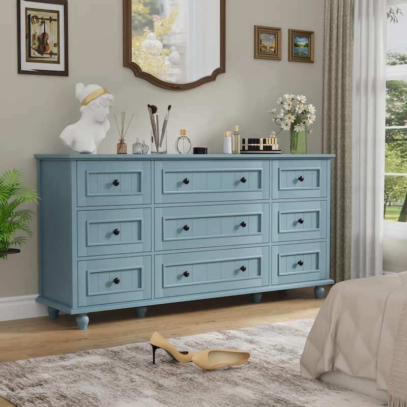 Dresser Dusty Blue Nine Drawers Slat Detail Blue Dresser With Bun Feet